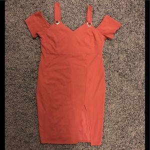 Pink strapped off should sleeve slip party dress